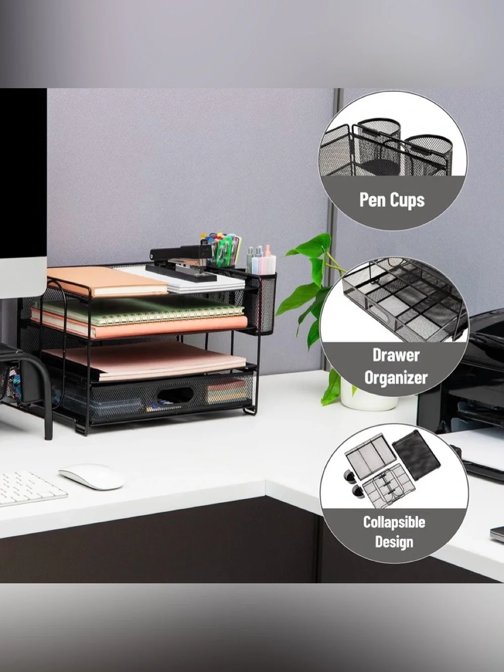 Mesh Desk Organizer, 3 Trays, 1 Drawer, 2 Pen Holders, Office Desktop Organizer